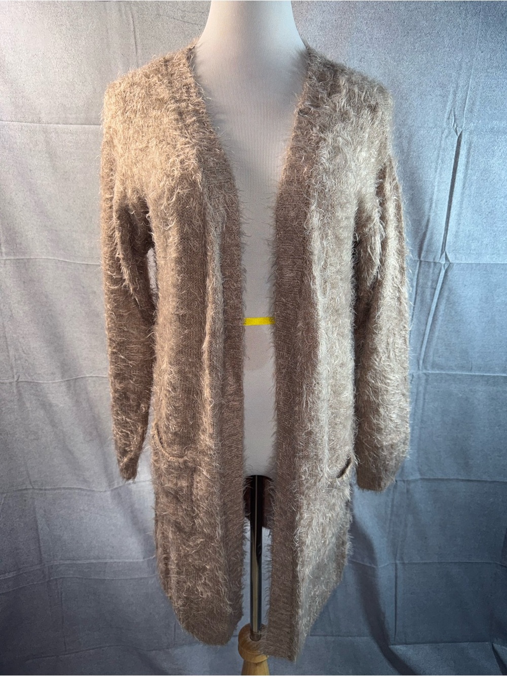2130-Love Tree Fuzzy Open-Front Cardigan - Taupe Brown